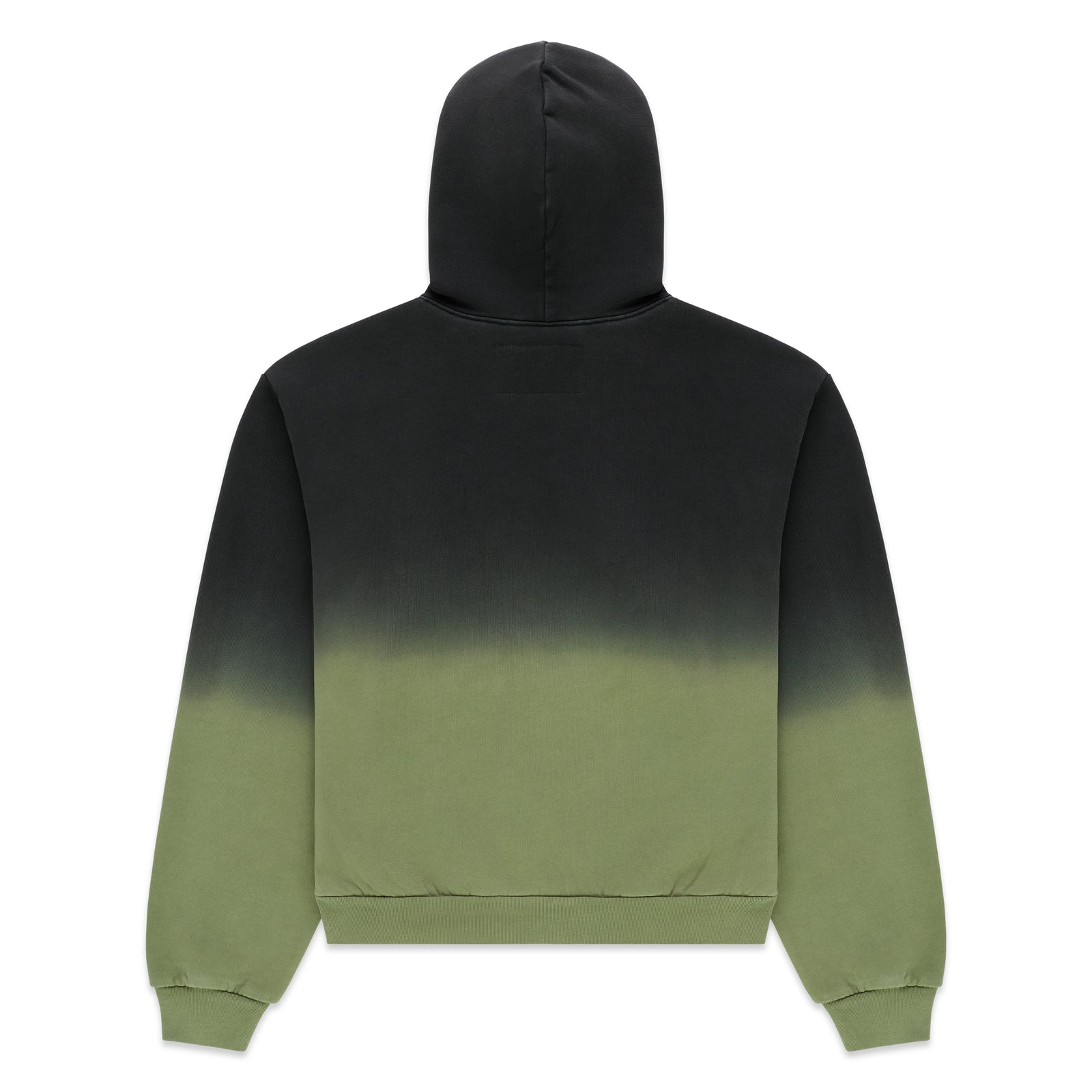 Black and olive green ombre hoodie with a hood, kangaroo pocket, and ribbed cuffs and hem.