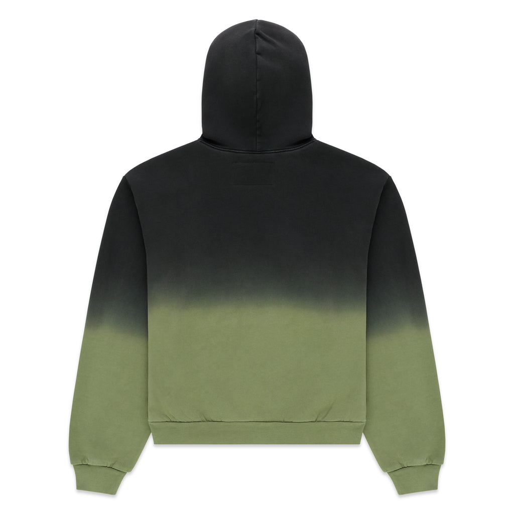 Black and olive green ombre hoodie with a hood, kangaroo pocket, and ribbed cuffs and hem.
