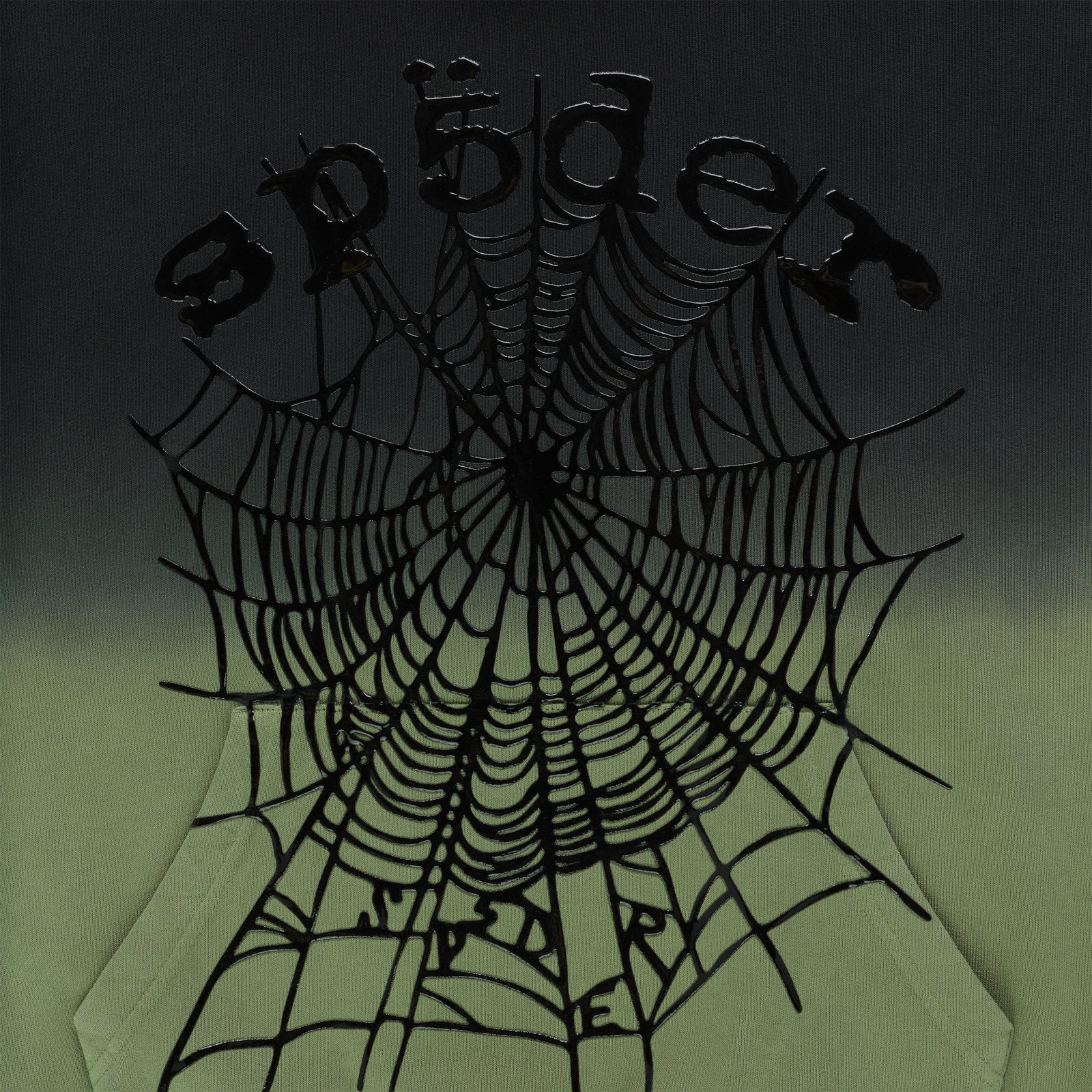 OG Web Ombre Hoodie with black puff print spiderweb design on a green to black gradient.