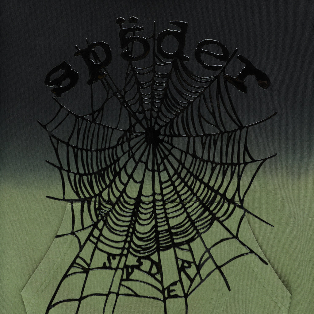 OG Web Ombre Hoodie with black puff print spiderweb design on a green to black gradient.