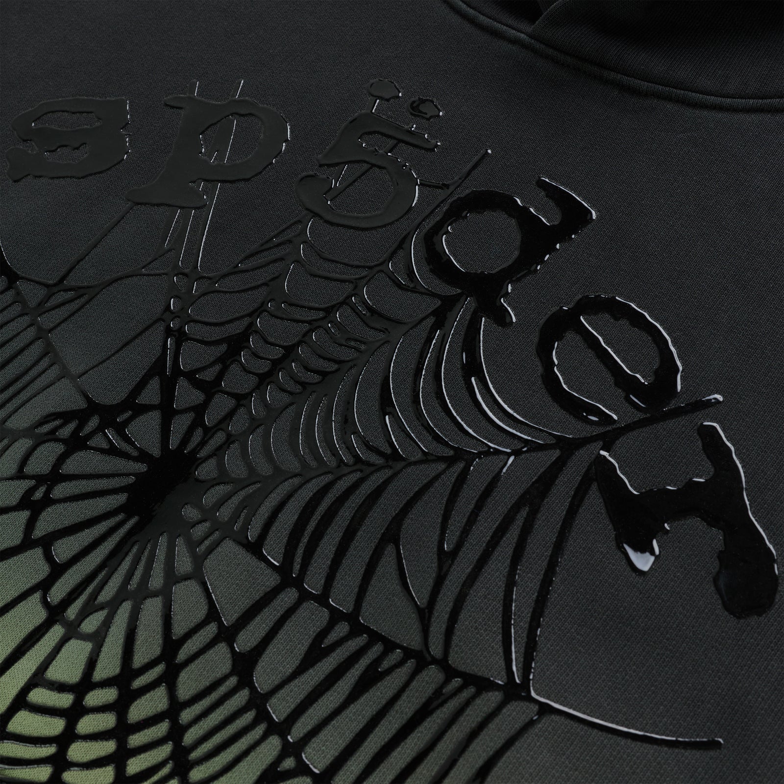 Black 13oz cotton fleece OG WEB OMBRE HOODIE with puff print spiderweb and discharge print text.