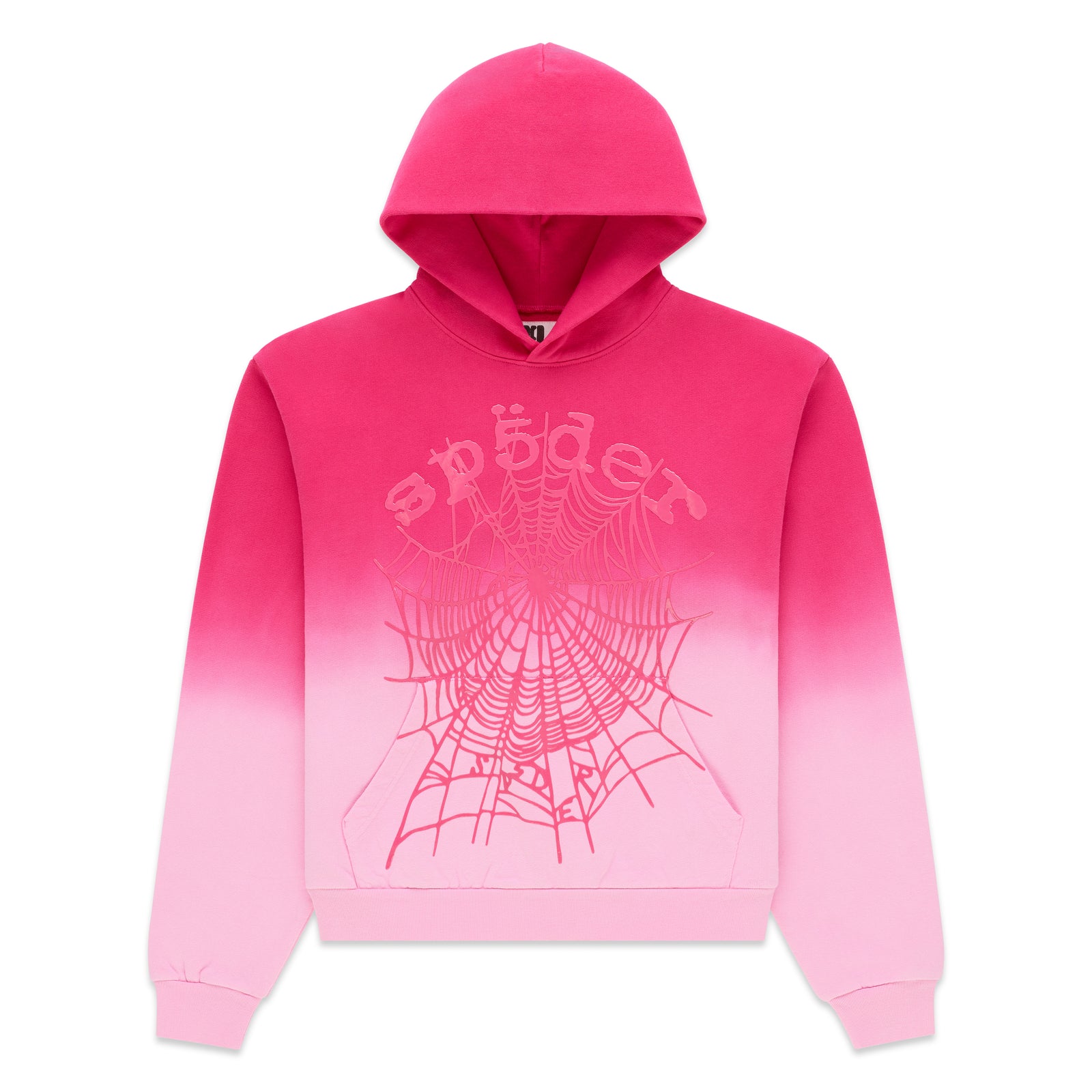 Pink ombre hoodie with "Sp5der" text and large spider web graphic.