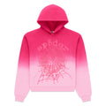 Pink ombre hoodie with "Sp5der" text and large spider web graphic.