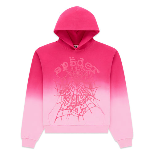 Pink ombre hoodie with "Sp5der" text and large spider web graphic.