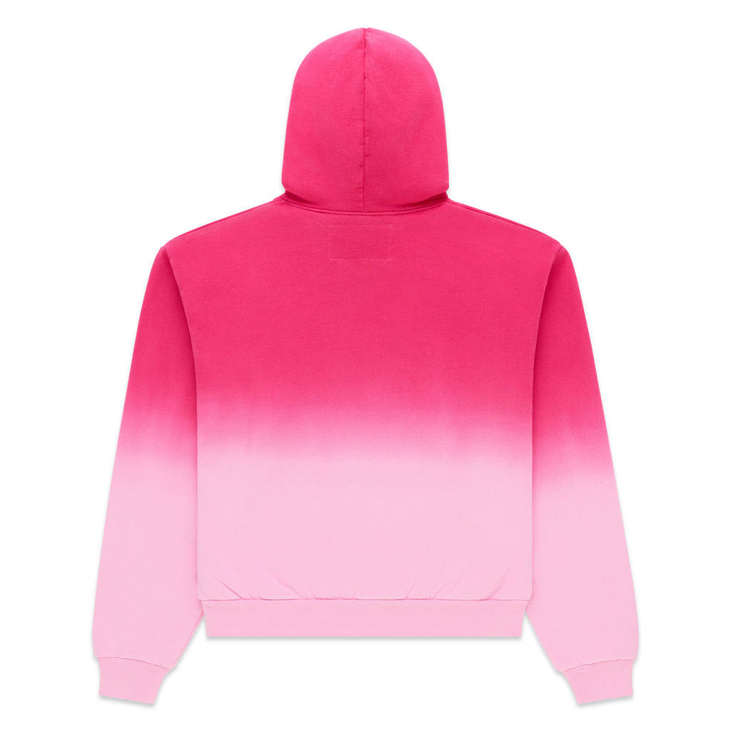 Back of an OG WEB Ombre Hoodie, fading from dark pink to light pink, 100% cotton fleece.