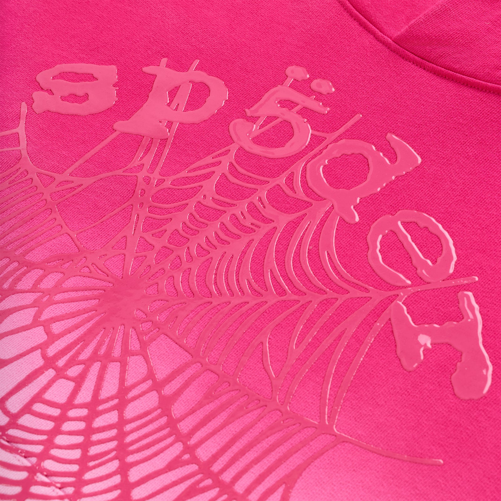 Pink OG WEB OMBRE HOODIE, 13oz cotton fleece with puff print web design and "SP5DER" text.
