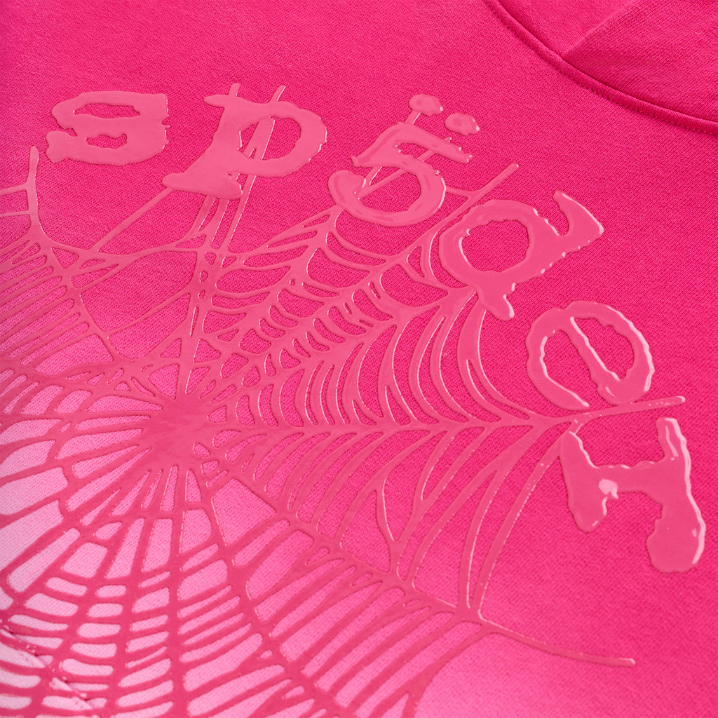 Pink OG WEB OMBRE HOODIE, 13oz cotton fleece with puff print web design and "SP5DER" text.