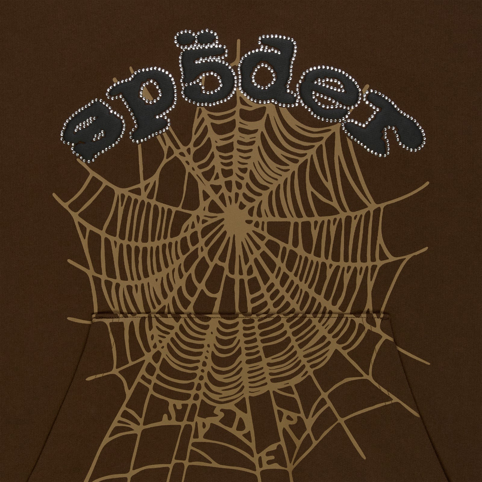 Brown RHINESTONE OG WEB HOODIE with rhinestone "SP5DER" text and a large tan spider web graphic.