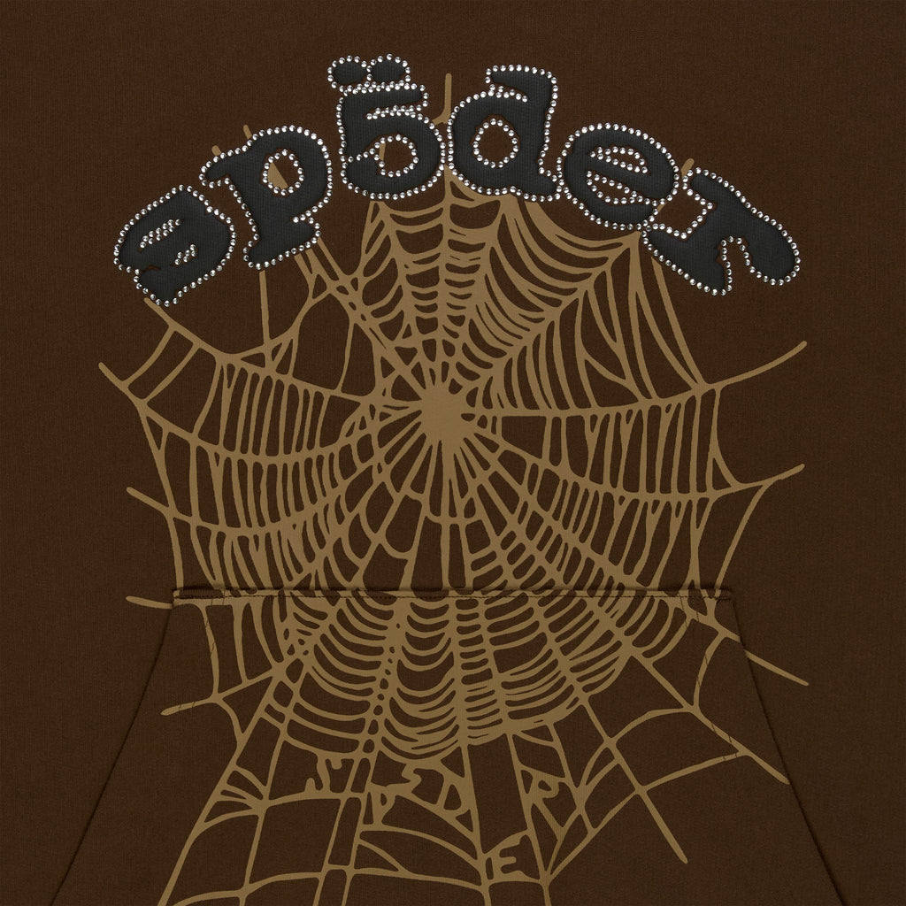 Brown RHINESTONE OG WEB HOODIE with rhinestone "SP5DER" text and a large tan spider web graphic.