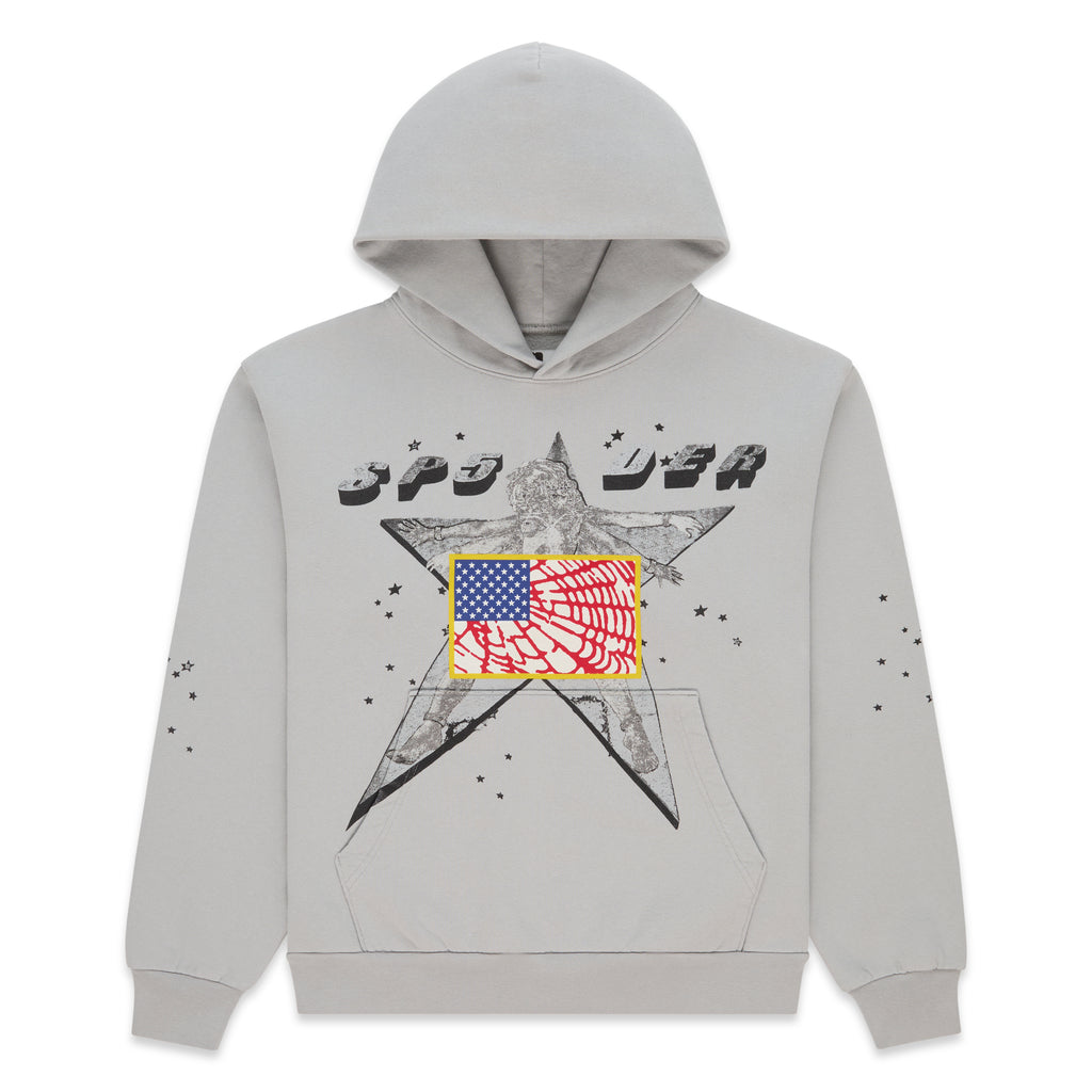 STAR GIRL HOODIE: Grey 100% cotton fleece hoodie with front graphic print, scattered stars, and kangaroo pocket.