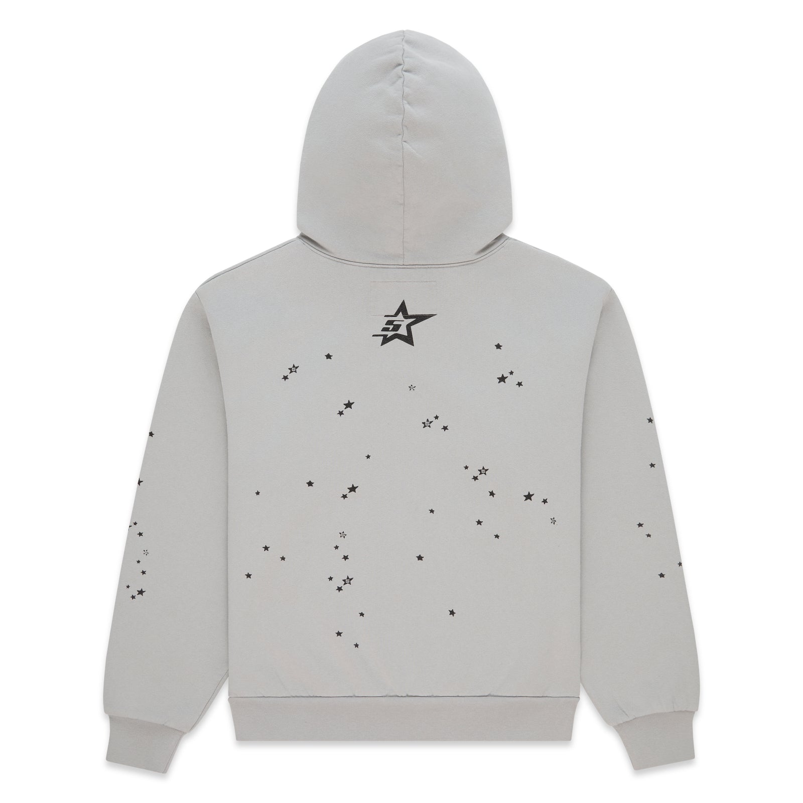 STAR GIRL HOODIE: Grey 100% cotton fleece hoodie with scattered black star print and '5' star logo on back.