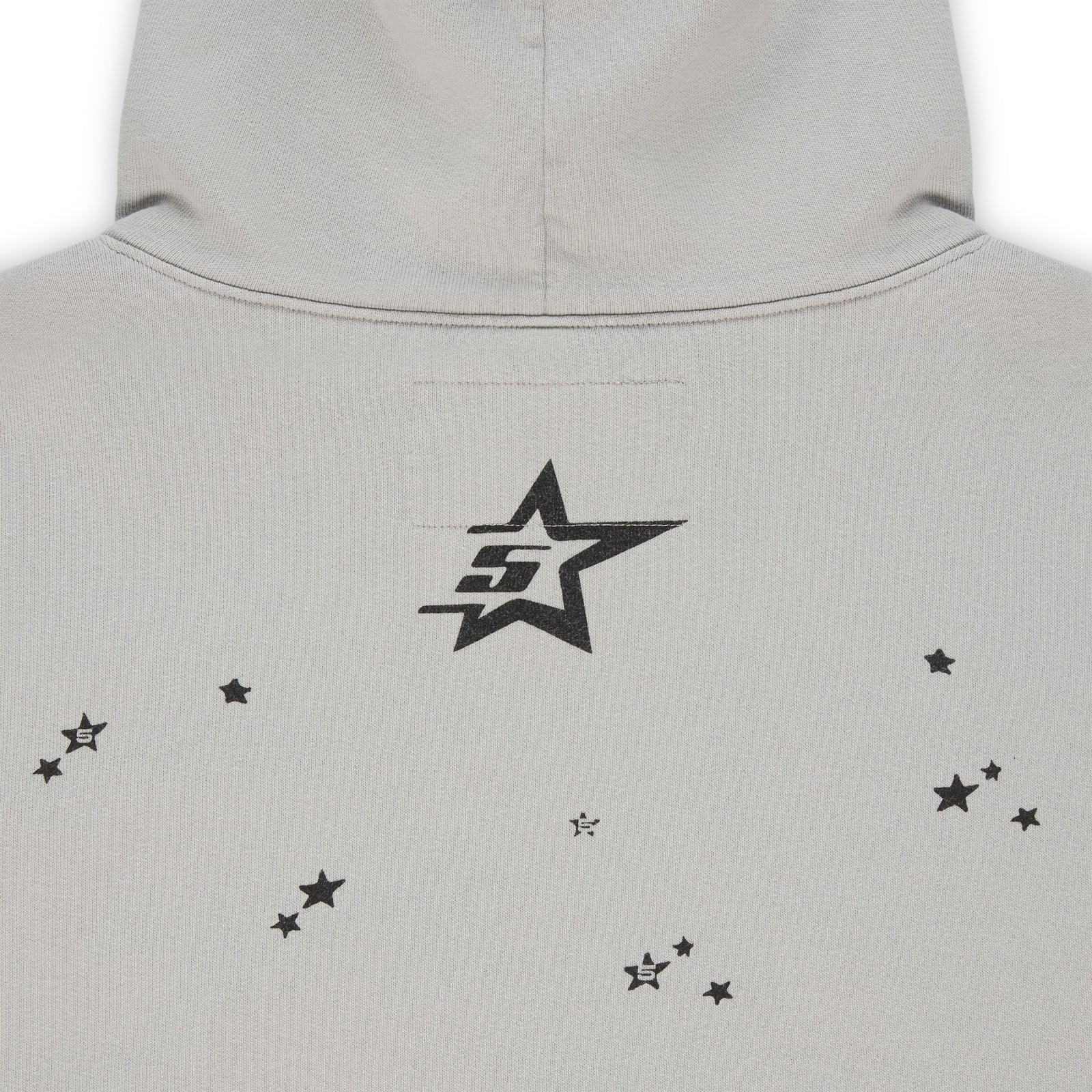 Light grey cotton fleece STAR GIRL HOODIE back with black '5' star logo and scattered star prints.