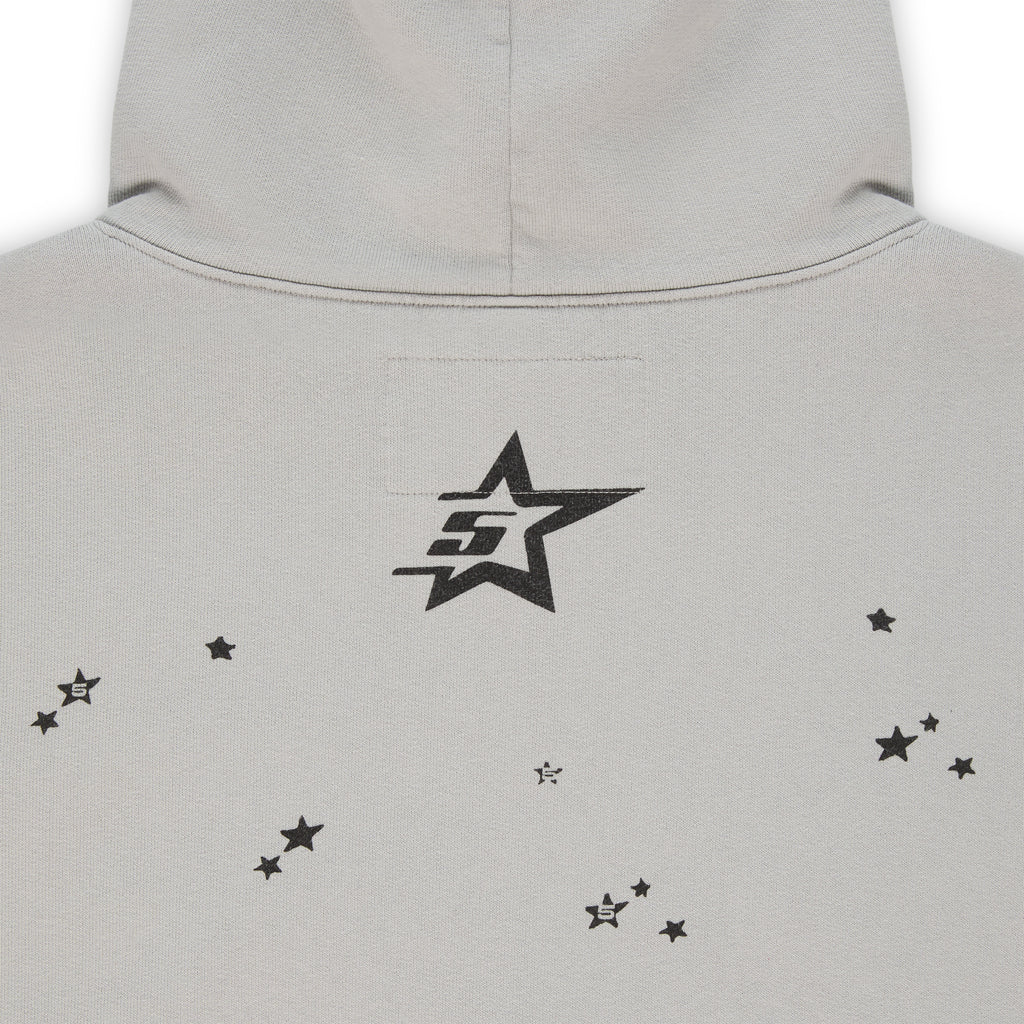 Light grey cotton fleece STAR GIRL HOODIE back with black '5' star logo and scattered star prints.