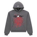 Gray 13oz cotton fleece hoodie with red spider web, black "SP5DER" puff print, and scattered white stars.