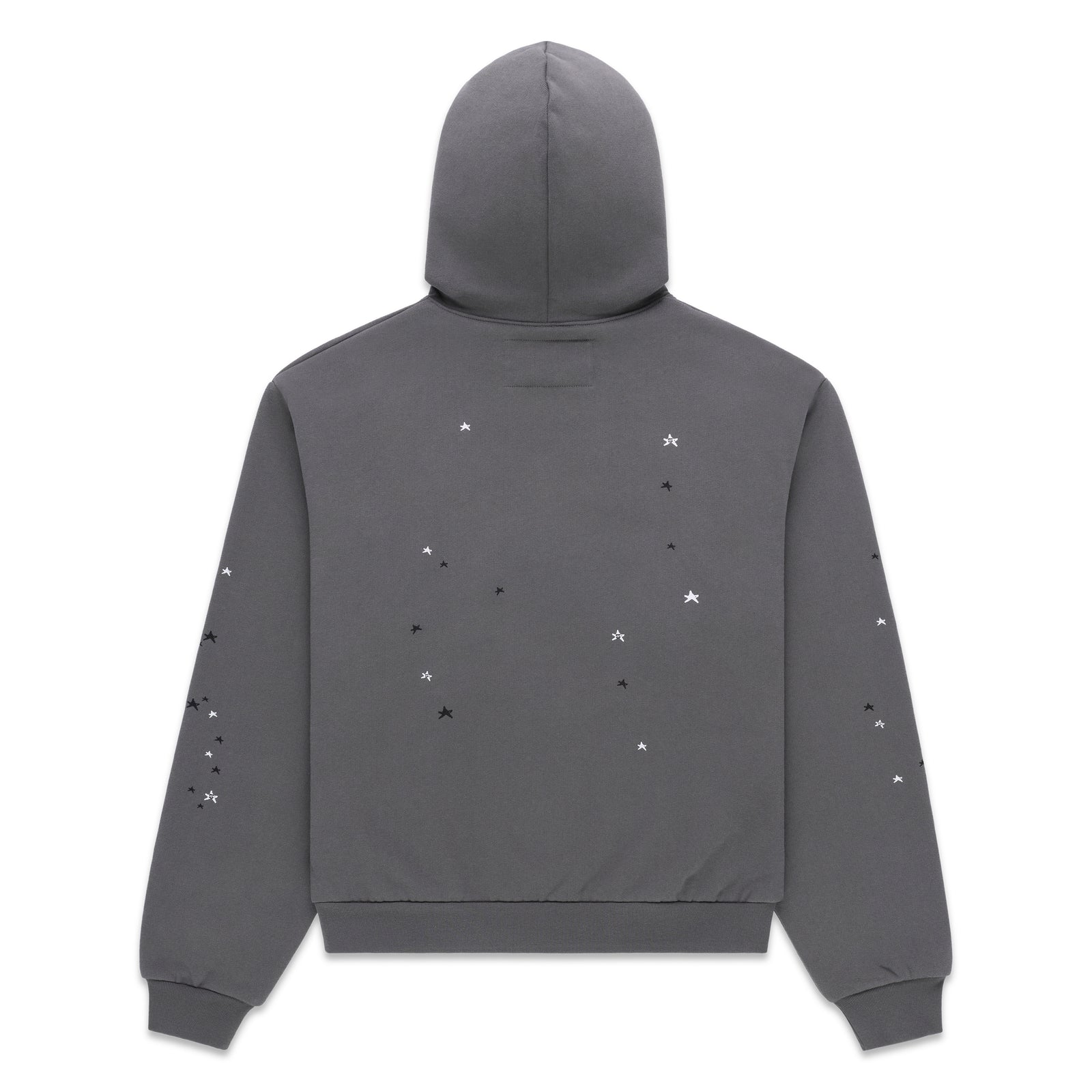 Gray 13oz cotton fleece hoodie with scattered white and black star prints on back and sleeves.
