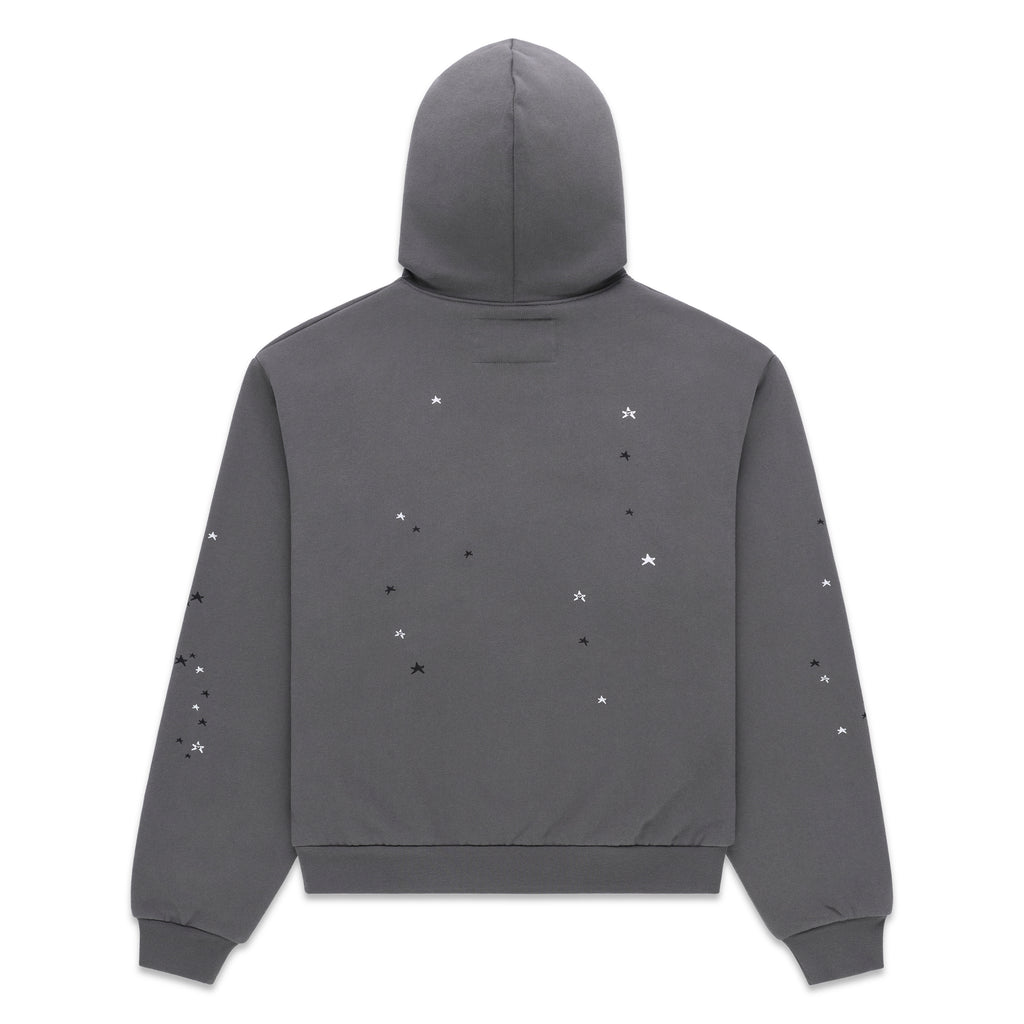 Gray 13oz cotton fleece hoodie with scattered white and black star prints on back and sleeves.