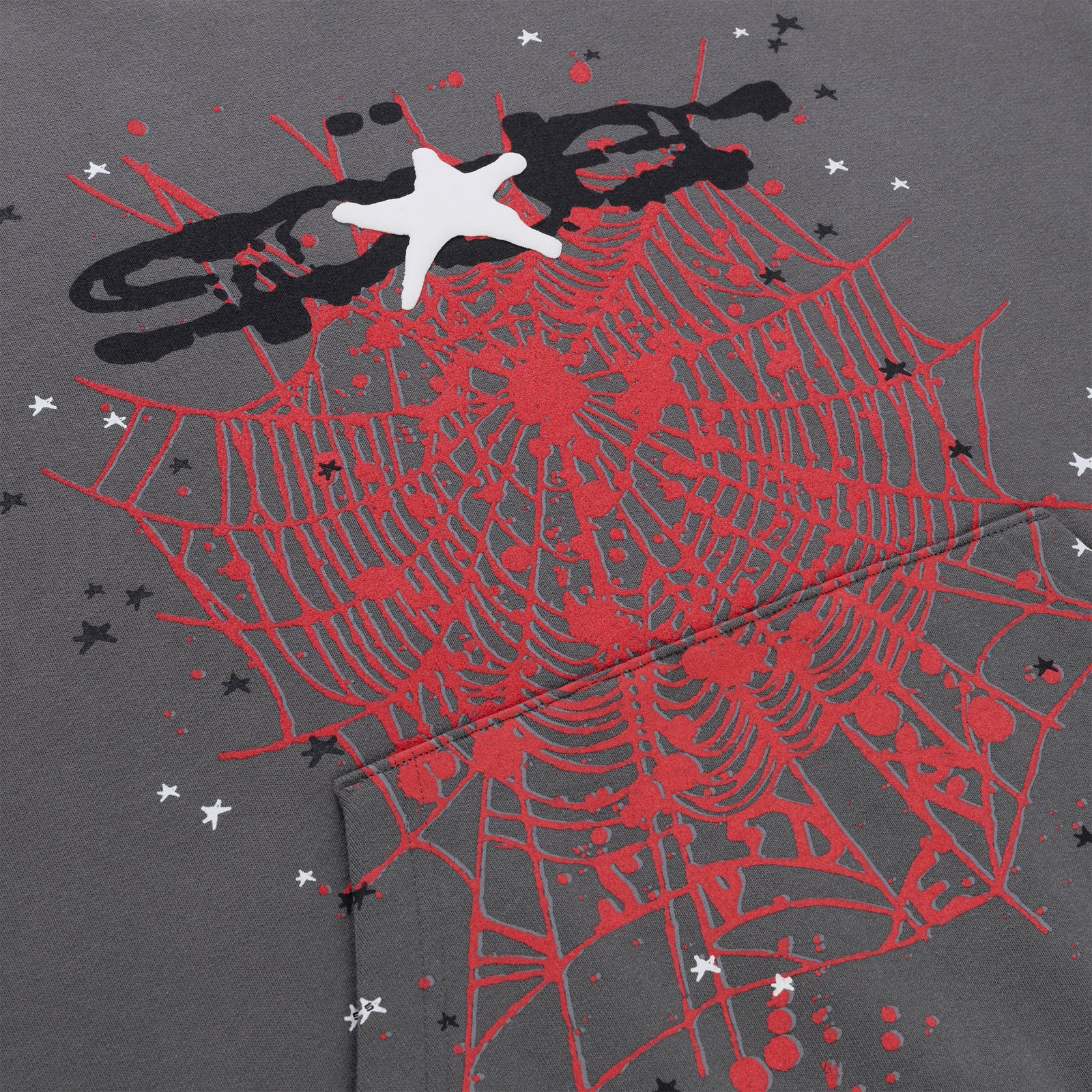 Gray cotton fleece hoodie with red spider web, black 'SP5DER' puff print, and scattered white stars.