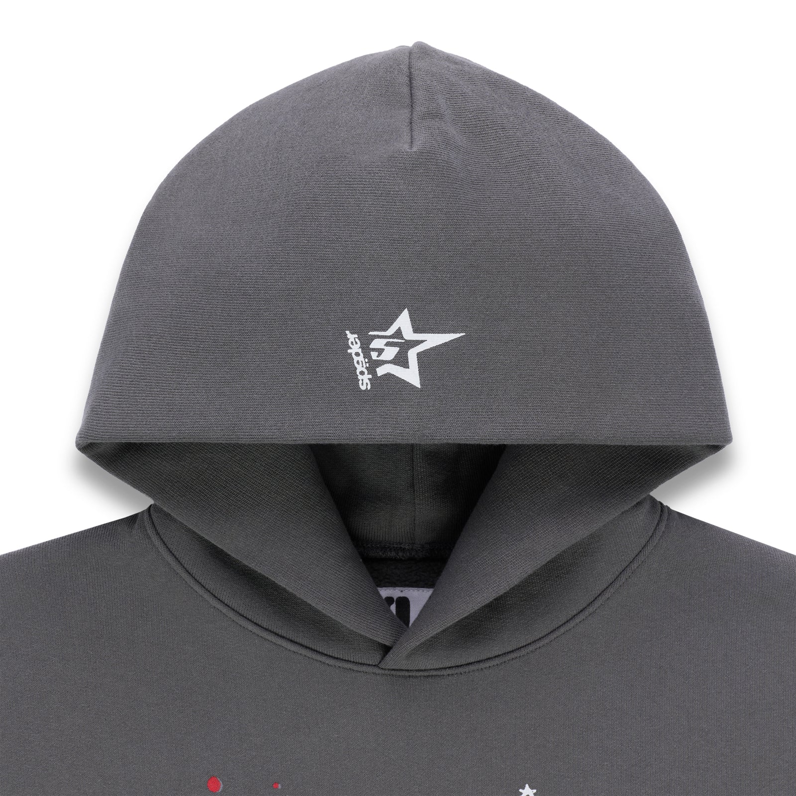 Gray 100% cotton fleece hoodie with white "SP5DER" logo and star on the hood.