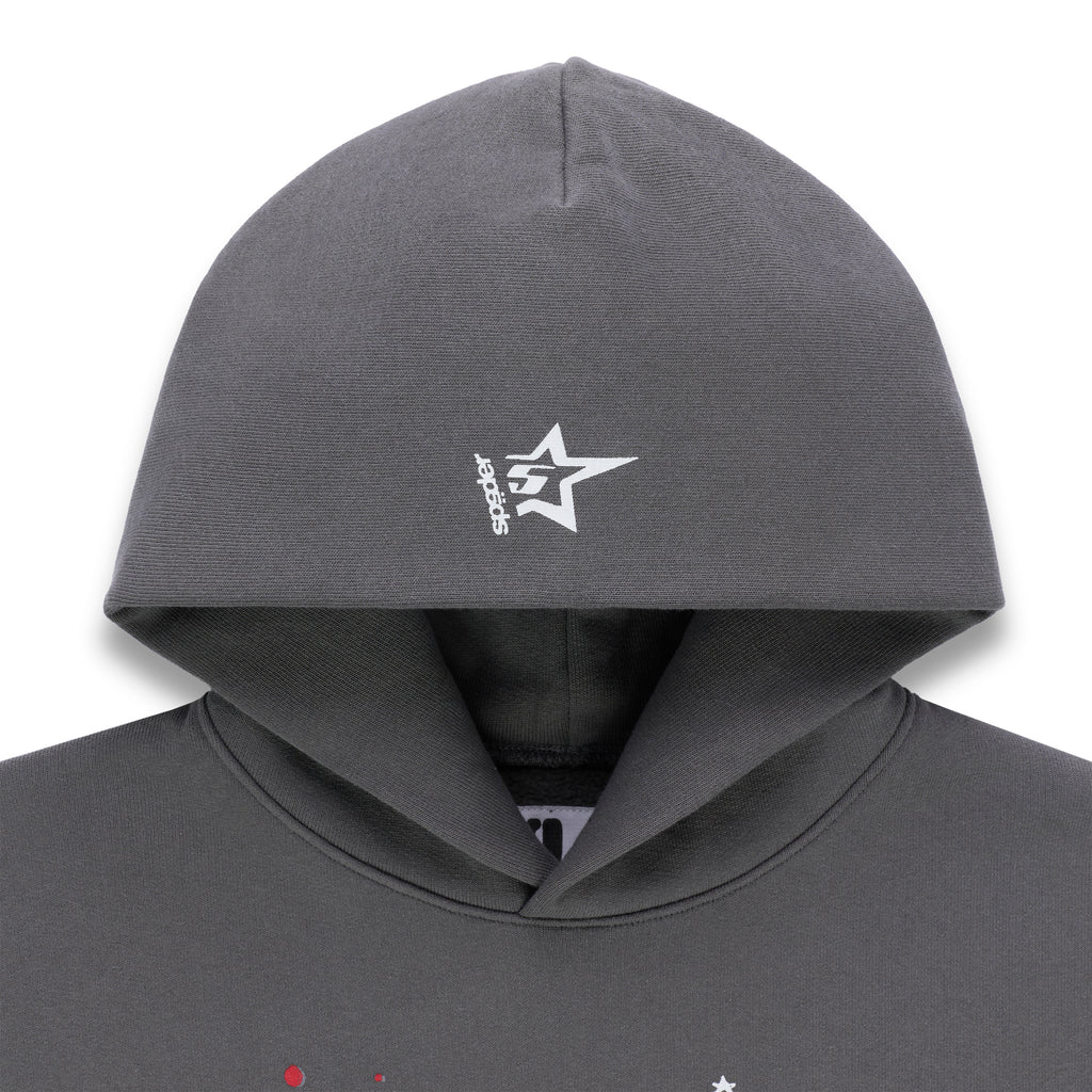 Gray 100% cotton fleece hoodie with white "SP5DER" logo and star on the hood.