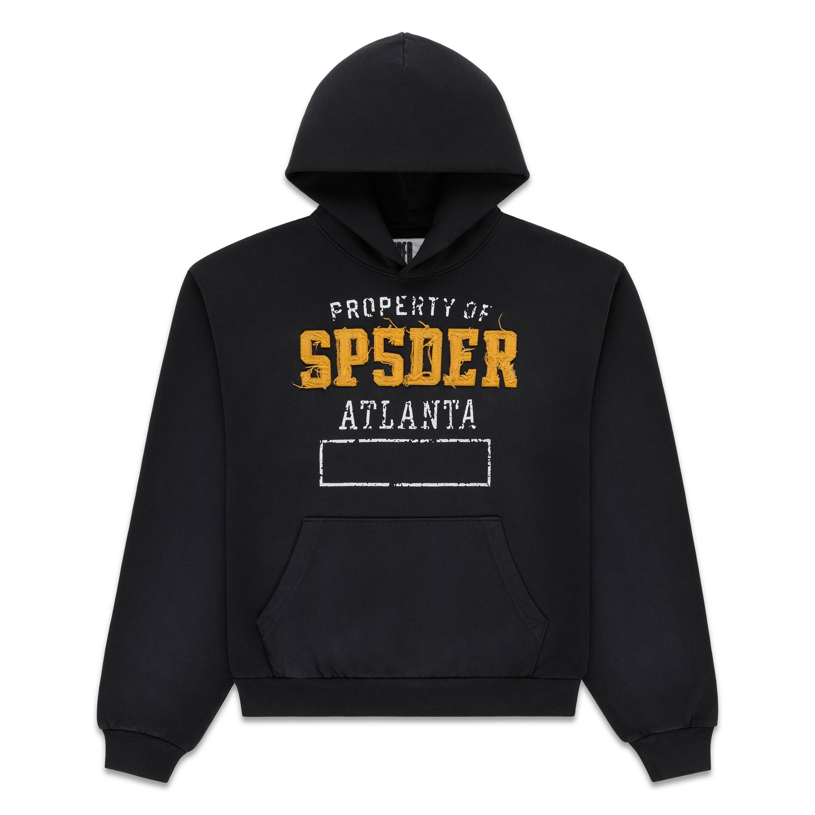 Black cotton fleece hoodie with "PROPERTY OF SP5DER ATLANTA" graphic, frayed chenille lettering, and kangaroo pocket.