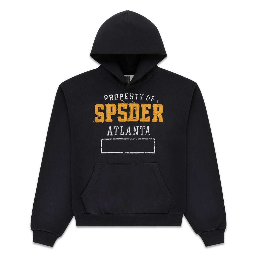 Black cotton fleece hoodie with "PROPERTY OF SP5DER ATLANTA" graphic, frayed chenille lettering, and kangaroo pocket.