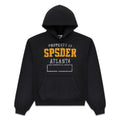 Black cotton fleece hoodie with "PROPERTY OF SP5DER ATLANTA" graphic, frayed chenille lettering, and kangaroo pocket.