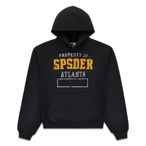 Black cotton fleece hoodie with "PROPERTY OF SP5DER ATLANTA" graphic, frayed chenille lettering, and kangaroo pocket.
