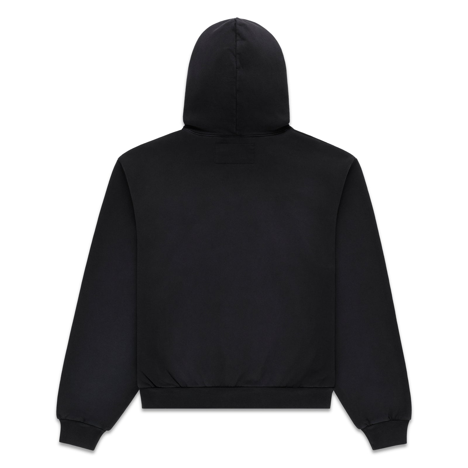 Back of a black cotton fleece hoodie with rib knit hem and cuffs.