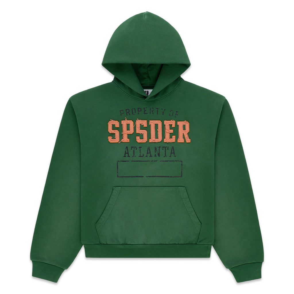 Green cotton fleece hoodie with raised, frayed orange "SP5DER" lettering and faded "PROPERTY OF ATLANTA" print.