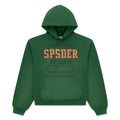 Green cotton fleece hoodie with raised, frayed orange "SP5DER" lettering and faded "PROPERTY OF ATLANTA" print.