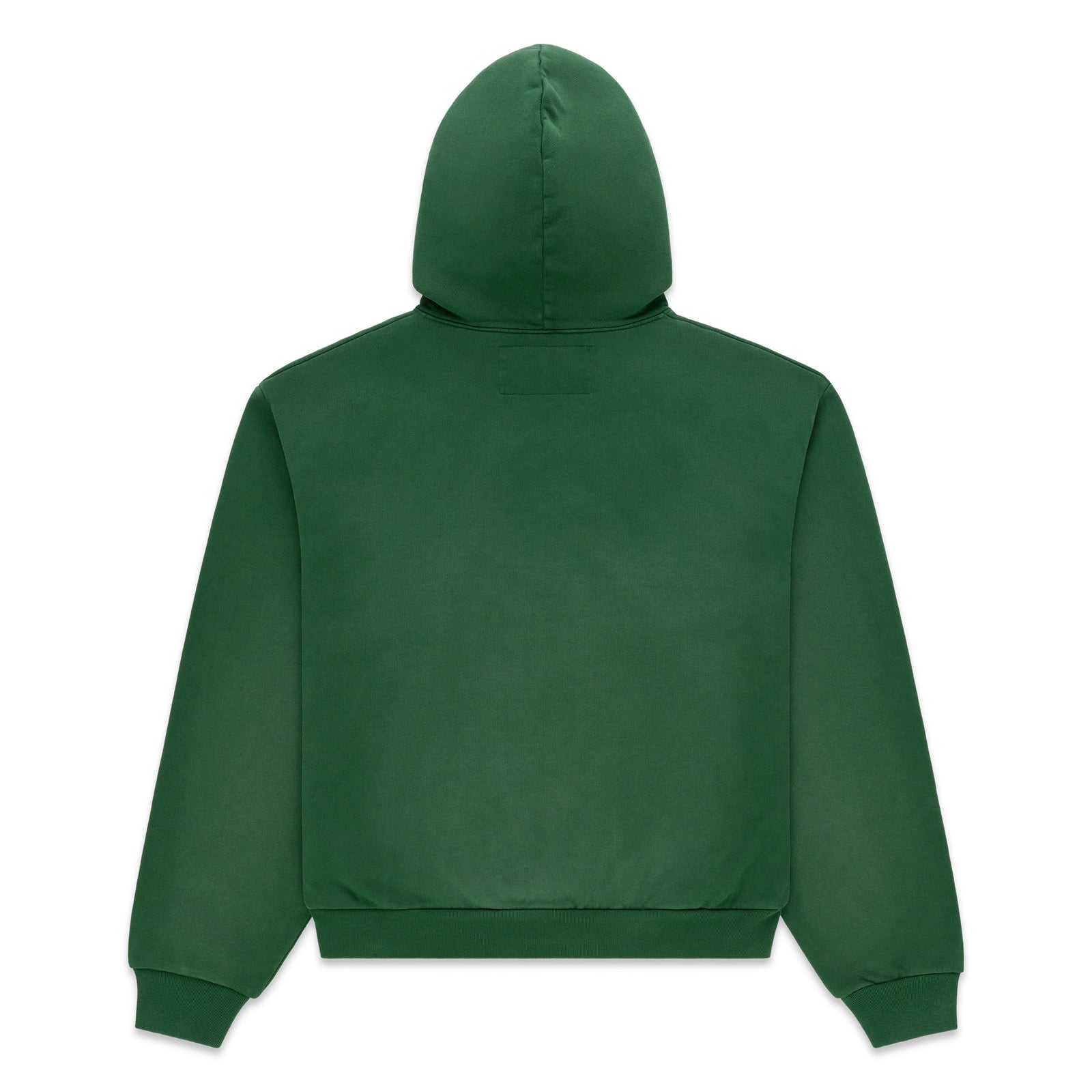 Dark green cotton fleece hoodie, back view, with ribbed cuffs and hem.