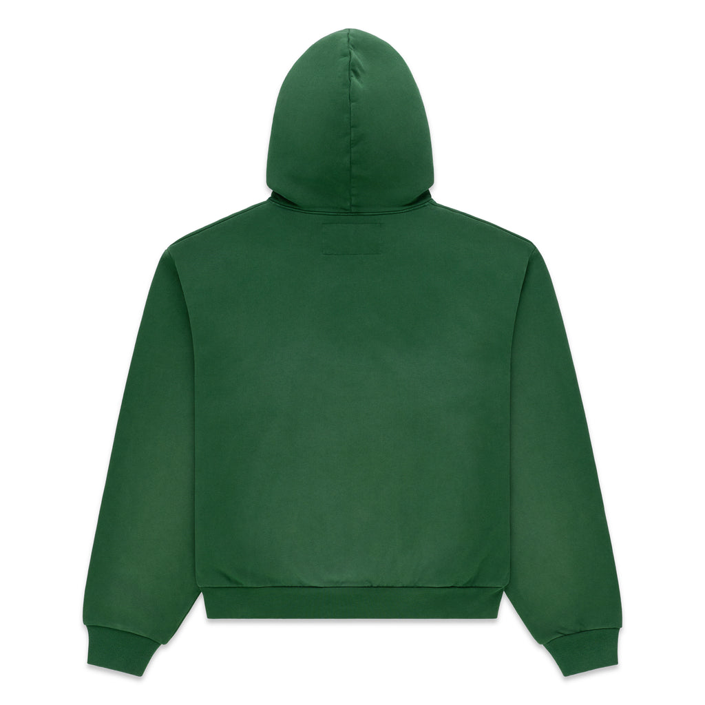Dark green cotton fleece hoodie, back view, with ribbed cuffs and hem.