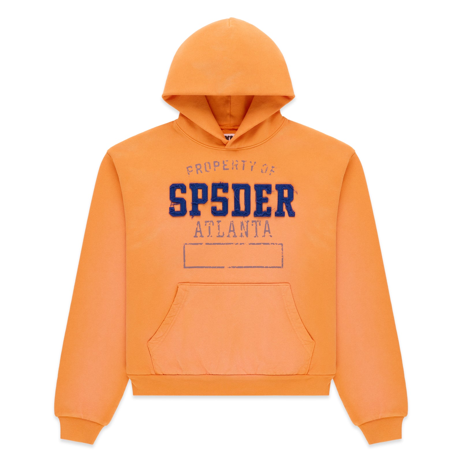 Orange cotton fleece hoodie with raised chenille "SP5DER ATLANTA" lettering and faded graphic.
