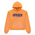 Orange cotton fleece hoodie with raised chenille "SP5DER ATLANTA" lettering and faded graphic.