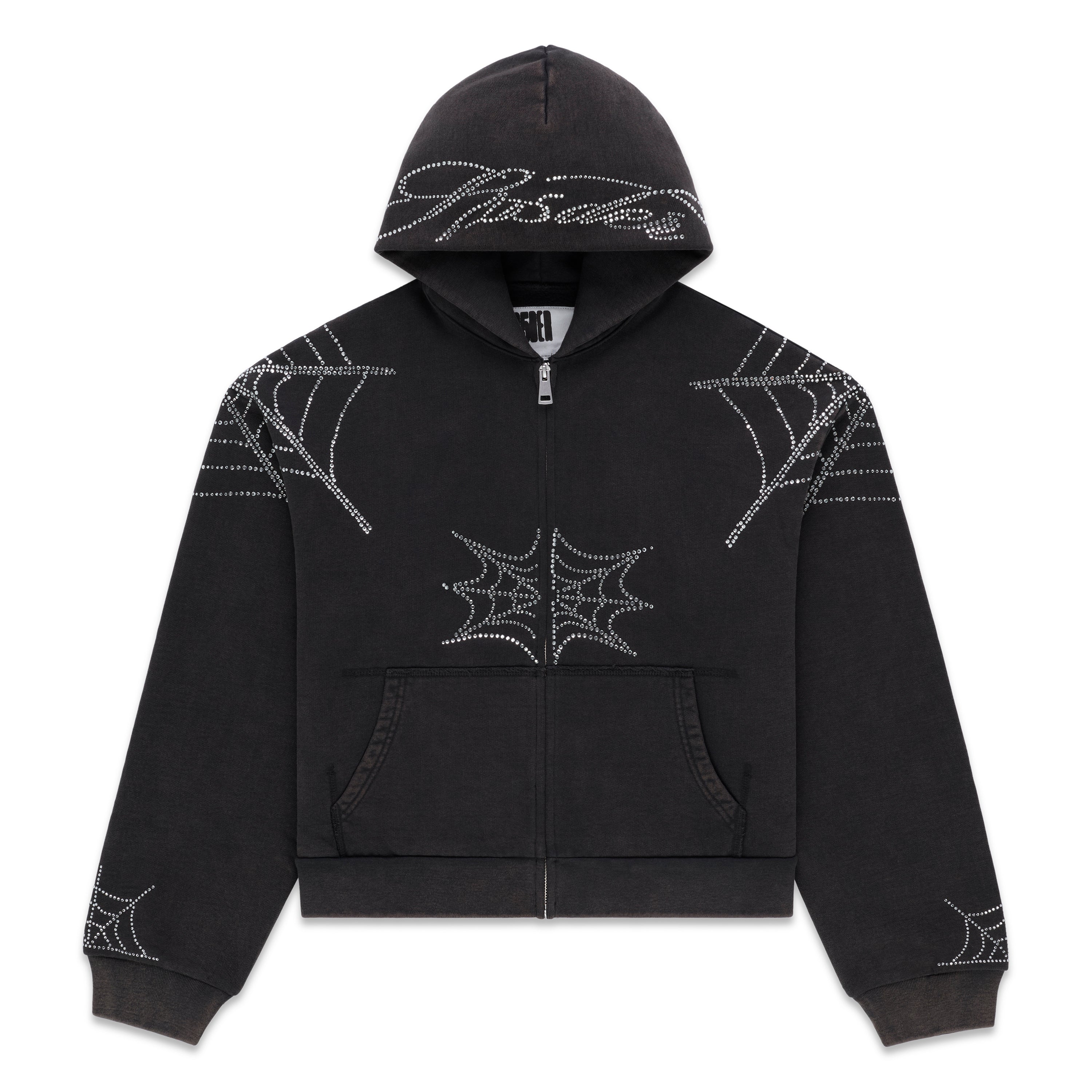 BLACK RHINESTONE WEB ZIP HOODIE | SP5DER | KING SPIDER
