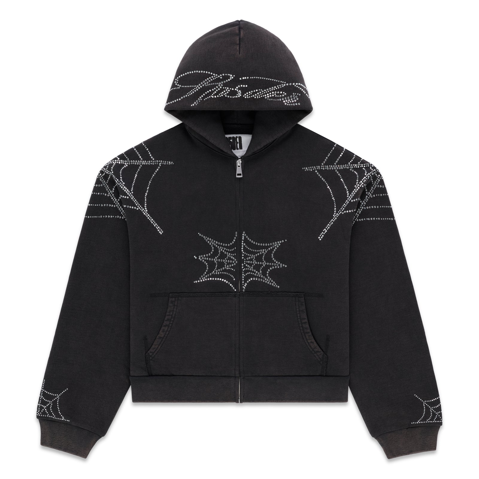 Black cotton fleece zip hoodie with rhinestone web and text details, kangaroo pocket, ribbed cuffs and waistband.