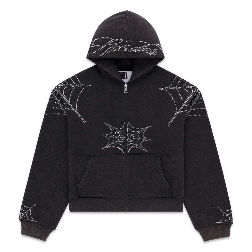 Black cotton fleece zip hoodie with rhinestone web and text details, kangaroo pocket, ribbed cuffs and waistband.