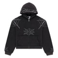 Black cotton fleece zip hoodie with rhinestone web and text details, kangaroo pocket, ribbed cuffs and waistband.
