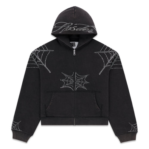 Black cotton fleece zip hoodie with rhinestone web and text details, kangaroo pocket, ribbed cuffs and waistband.