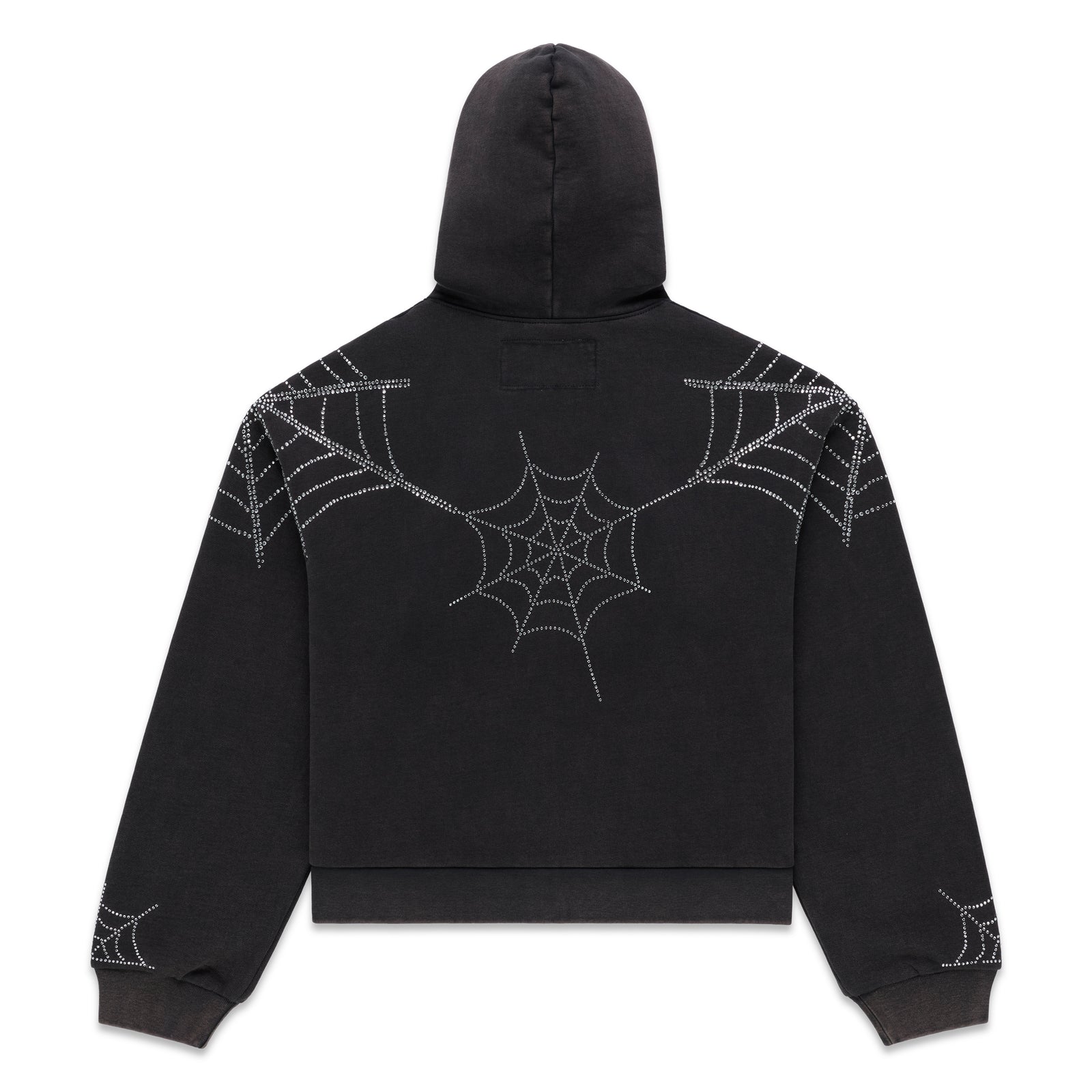 Black cotton fleece zip hoodie with rhinestone spiderweb design on back and sleeves.
