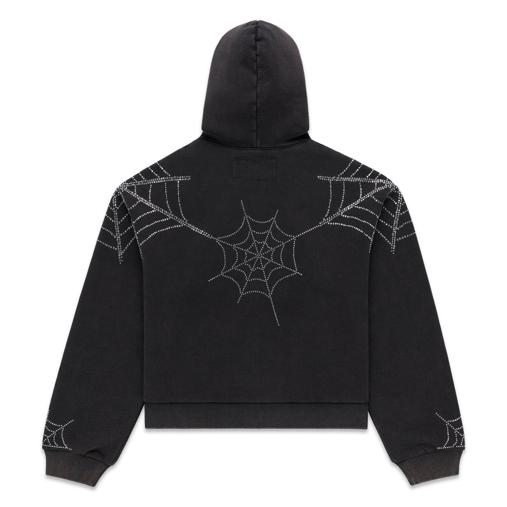 Black cotton fleece zip hoodie with rhinestone spiderweb design on back and sleeves.