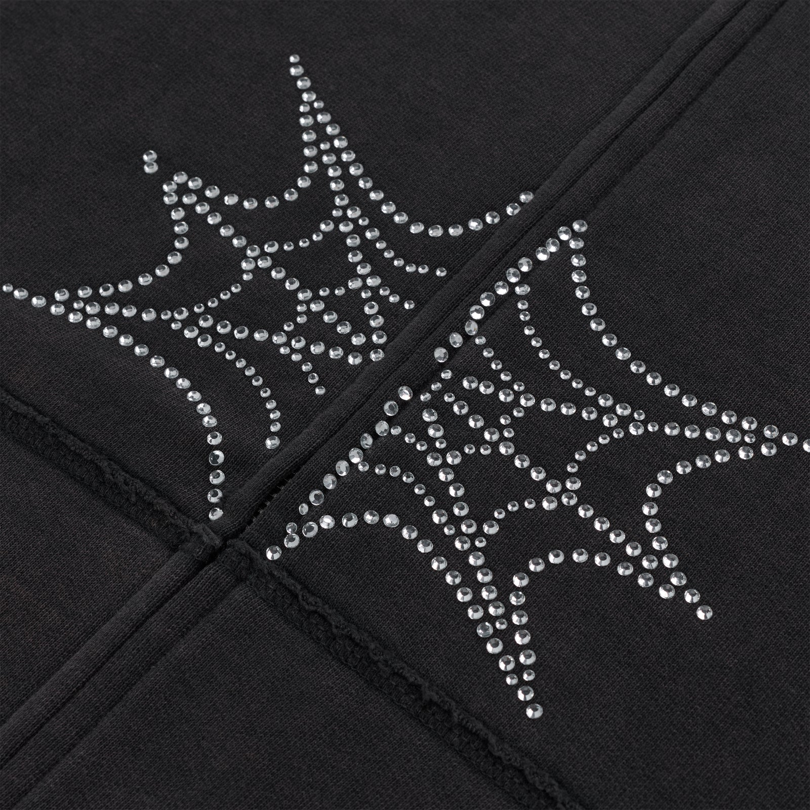 Black cotton fleece hoodie with sparkling rhinestone spider web design.