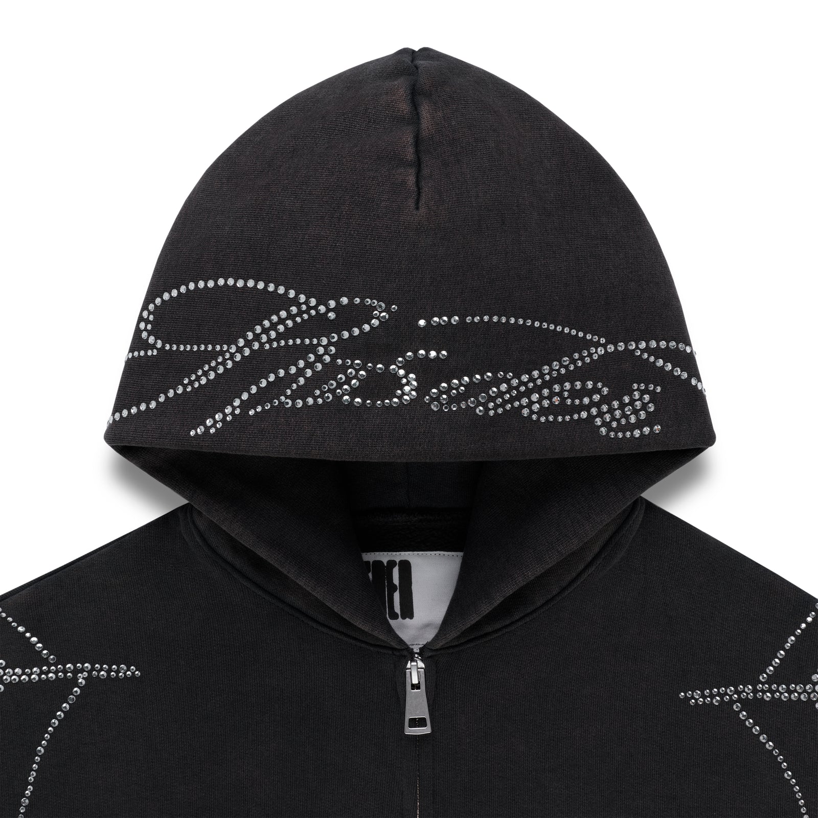 Black cotton fleece zip hoodie with rhinestone web and text detail on hood and front.