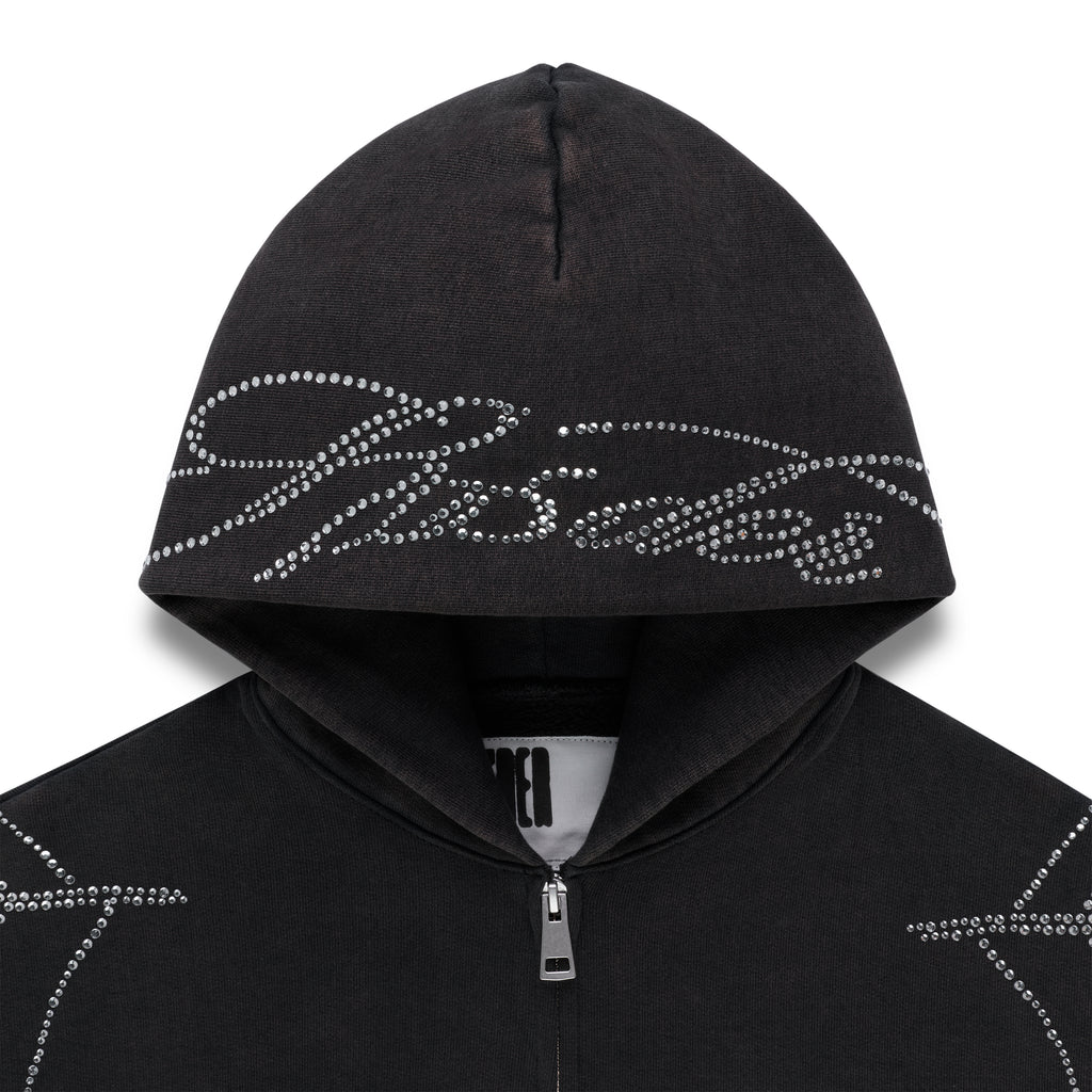 Black cotton fleece zip hoodie with rhinestone web and text detail on hood and front.