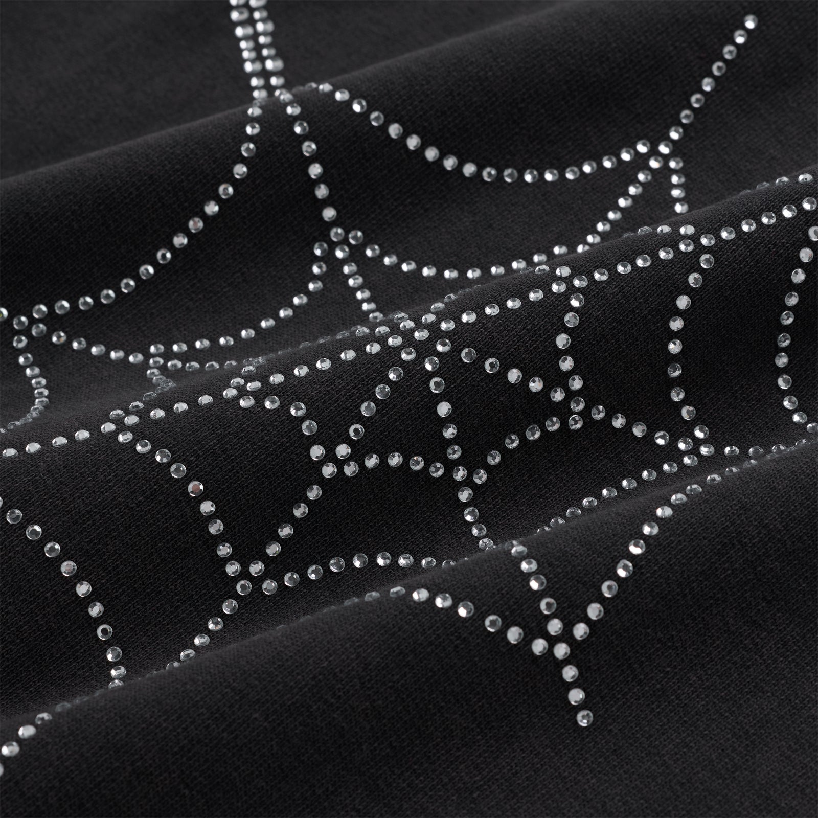 Black cotton fleece hoodie with sparkling rhinestone web and text detail.
