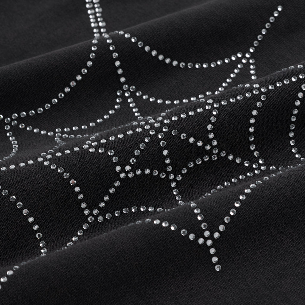 Black cotton fleece hoodie with sparkling rhinestone web and text detail.