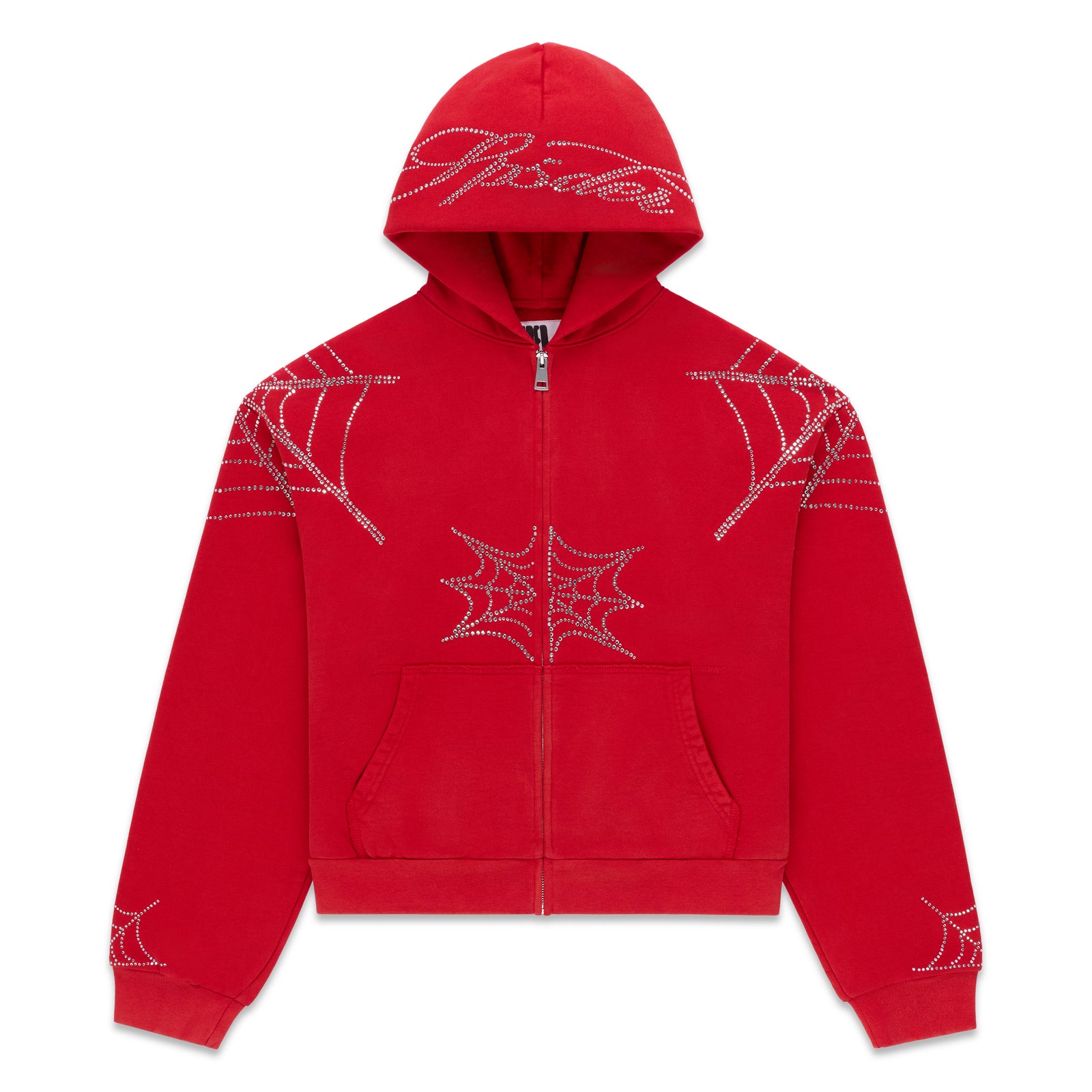 Red cotton fleece zip hoodie with rhinestone web and text details, kangaroo pocket, ribbed cuffs and waistband.