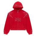Red cotton fleece zip hoodie with rhinestone web and text details, kangaroo pocket, ribbed cuffs and waistband.