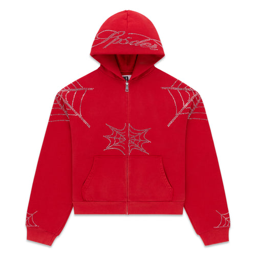 Red cotton fleece zip hoodie with rhinestone web and text details, kangaroo pocket, ribbed cuffs and waistband.