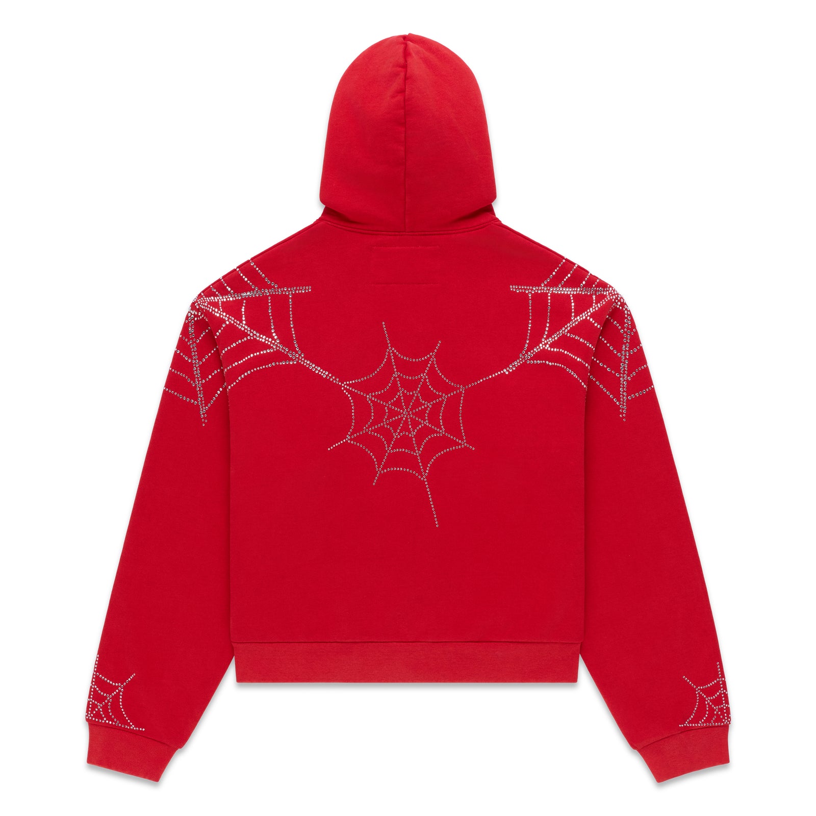 Red cotton fleece hoodie with rhinestone web design on back and sleeves.